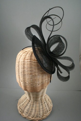 Black Sinamay Pointed Cap Fascinator with Black Loops and Ostrich Quills.